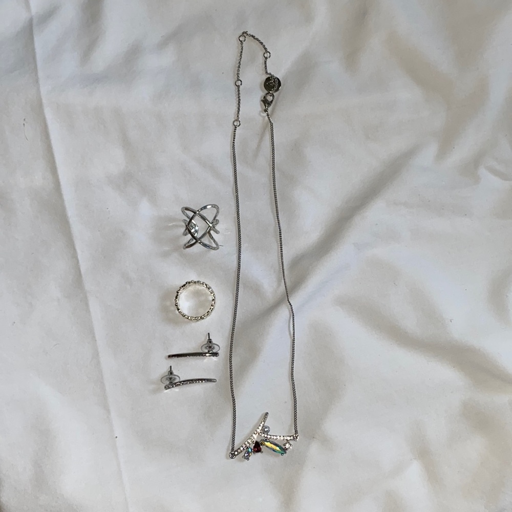 Silver-toned Necklace with Matching Earrings & 2 Rings